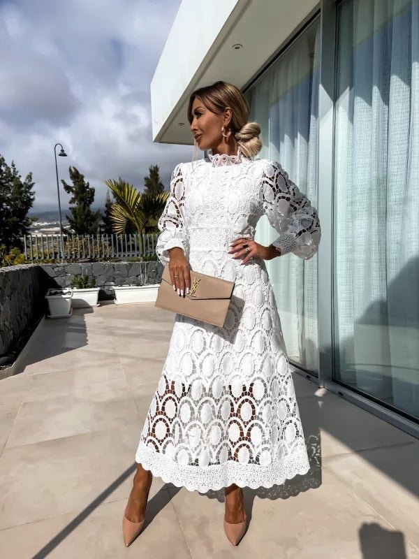 Women's Long Sleeve Lace Crochet Midi Evening Dress - White