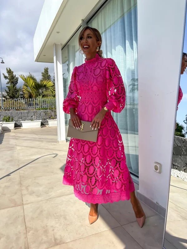 Women's Long Sleeve Lace Crochet Midi Evening Dress - Dark Pink