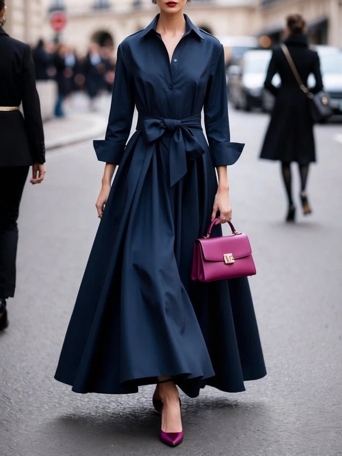 Women's Long-Sleeve Tie-Waist Shirt-Style Flared Maxi Dress - Navy