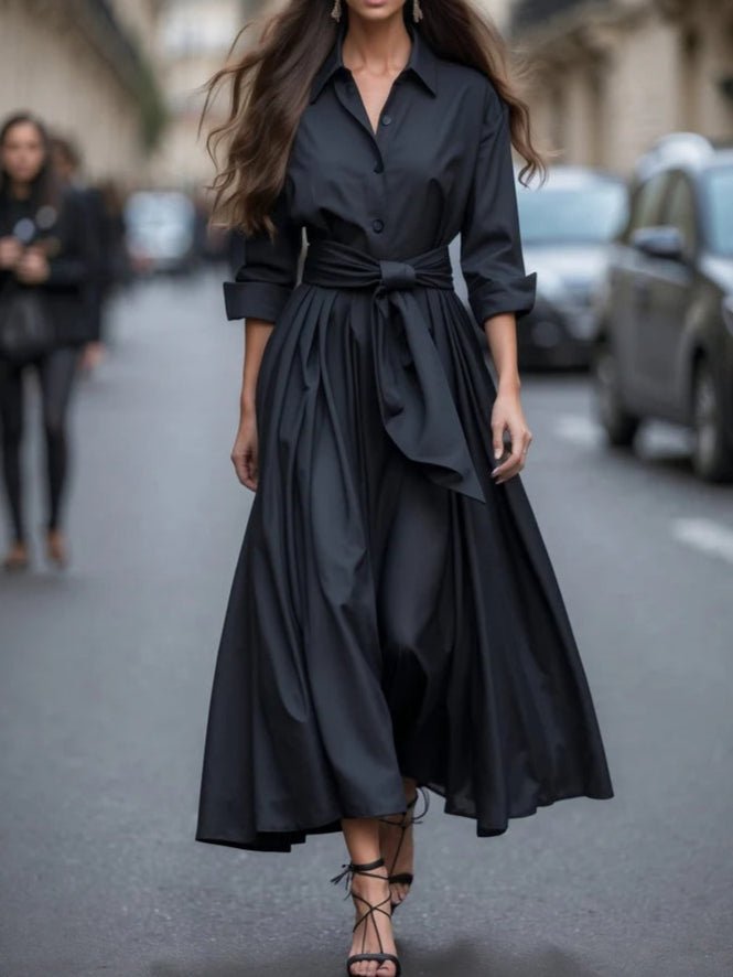Women's Long-Sleeve Tie-Waist Shirt-Style Flared Maxi Dress - Black