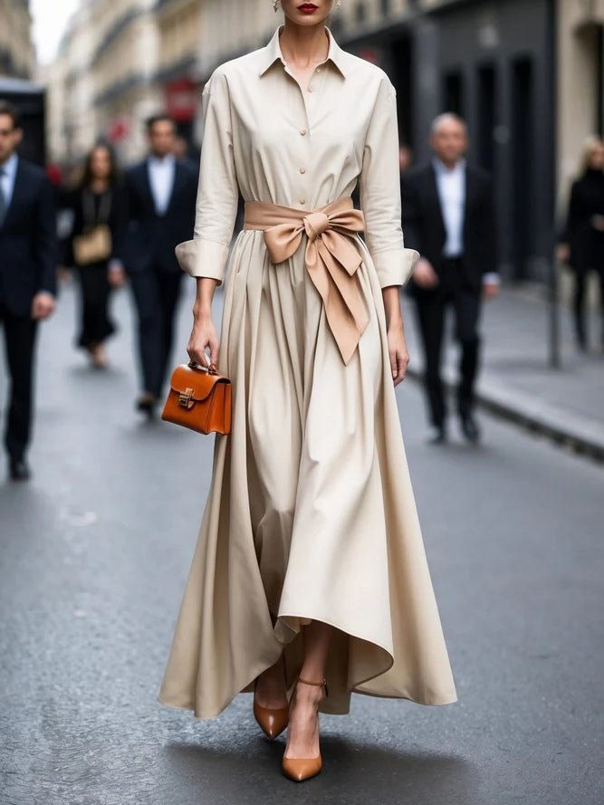 Women's Long-Sleeve Tie-Waist Shirt-Style Flared Maxi Dress - Beige