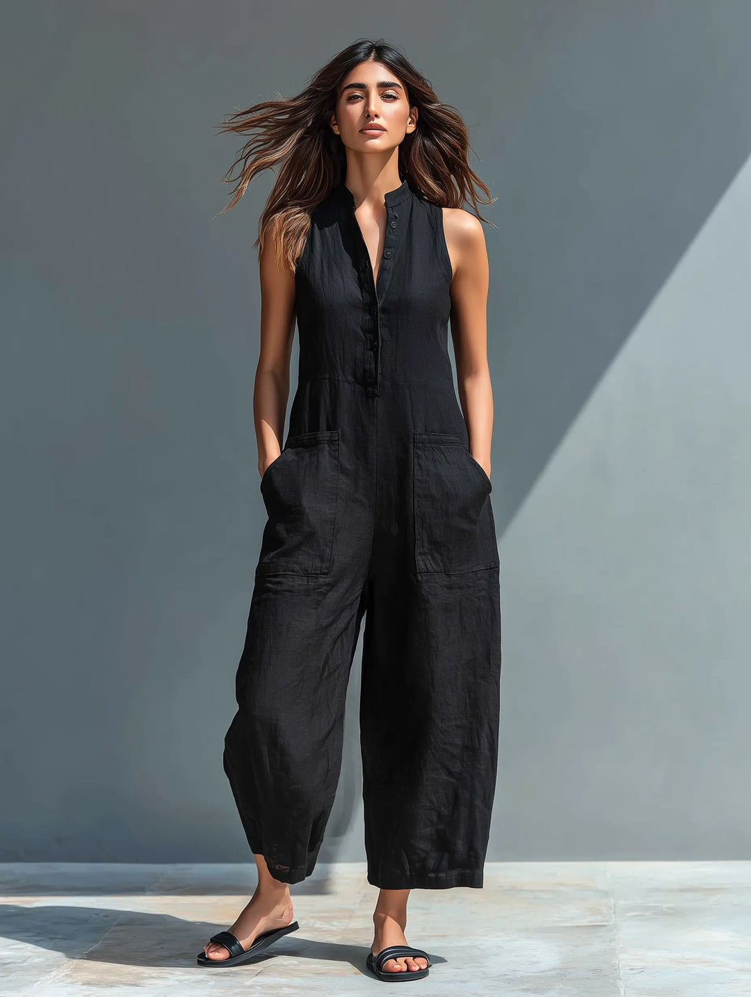 Women's Loose-Fit Sleeveless Linen Blend Stand-Collar Jumpsuit