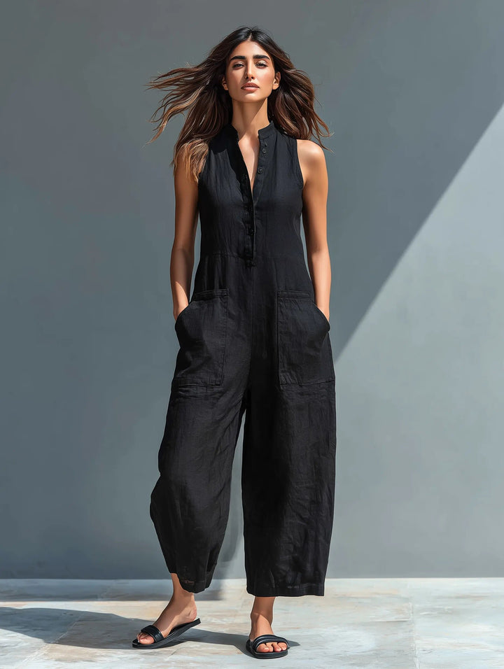 Women's Loose-Fit Sleeveless Linen Blend Stand-Collar Jumpsuit
