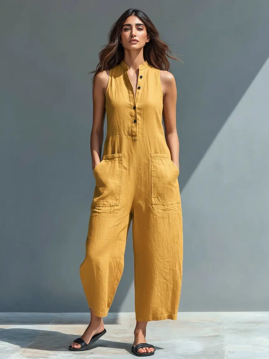 Women's Loose-Fit Sleeveless Linen Blend Stand-Collar Jumpsuit - Yellow