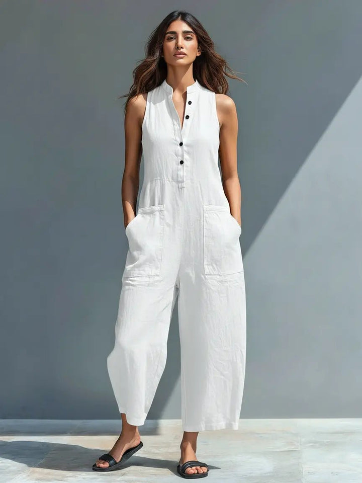 Women's Loose-Fit Sleeveless Linen Blend Stand-Collar Jumpsuit - White