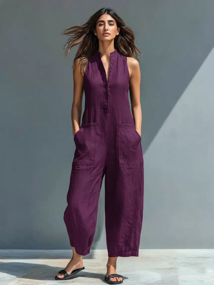 Women's Loose-Fit Sleeveless Linen Blend Stand-Collar Jumpsuit - Purple
