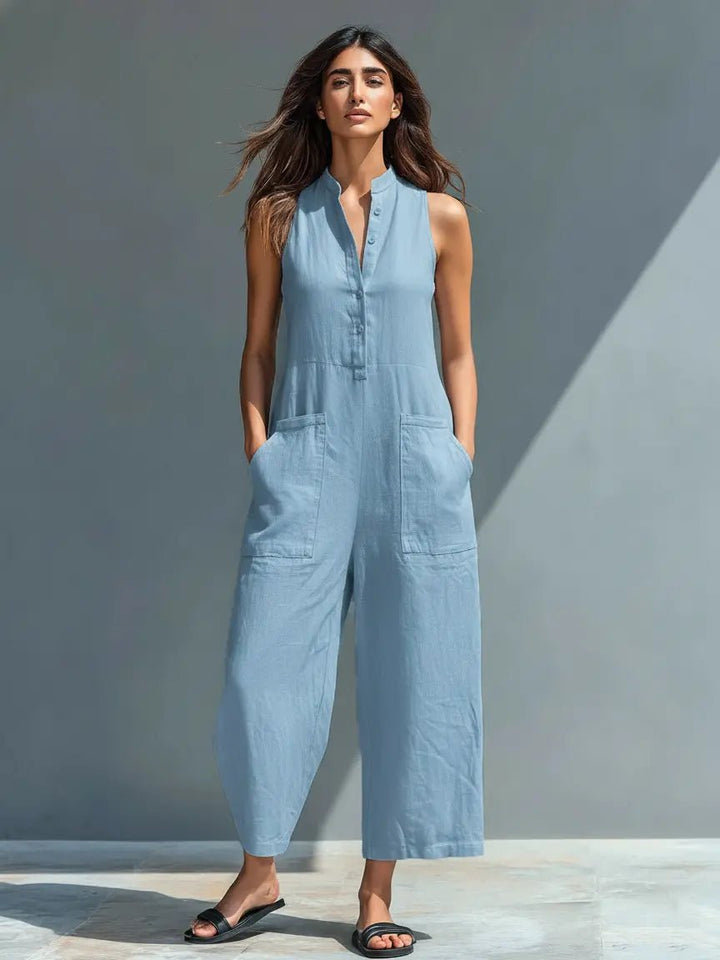 Women's Loose-Fit Sleeveless Linen Blend Stand-Collar Jumpsuit - Blue