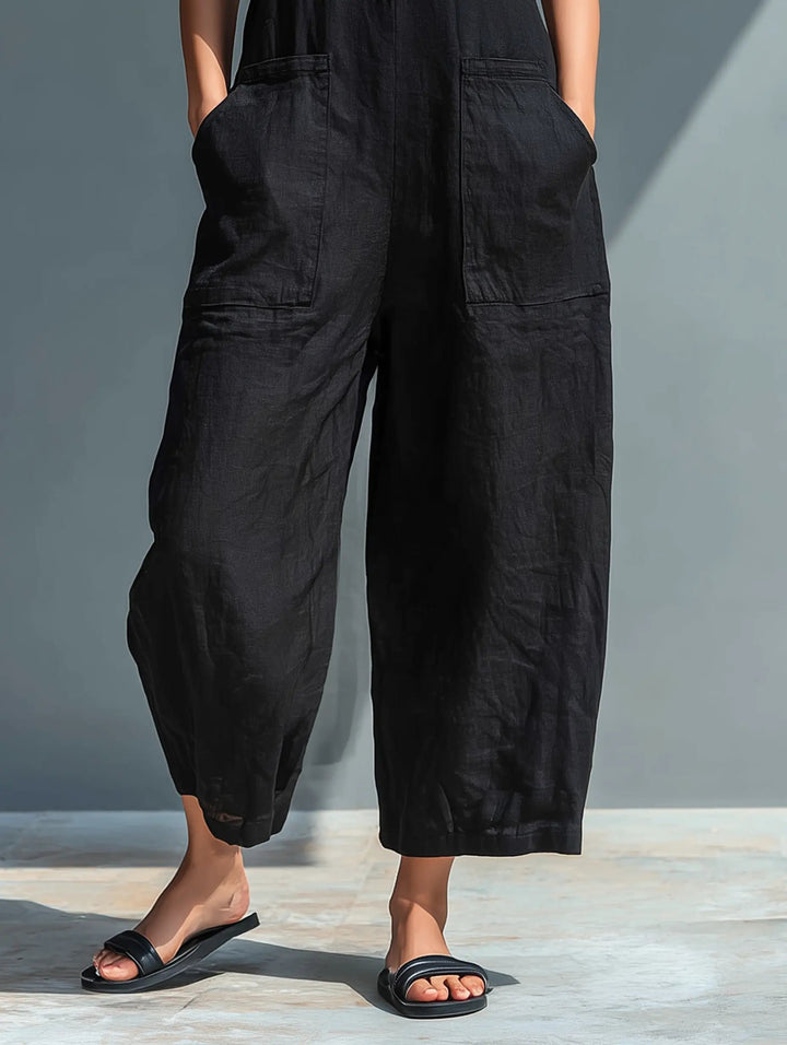 Women's Loose-Fit Sleeveless Linen Blend Stand-Collar Jumpsuit
