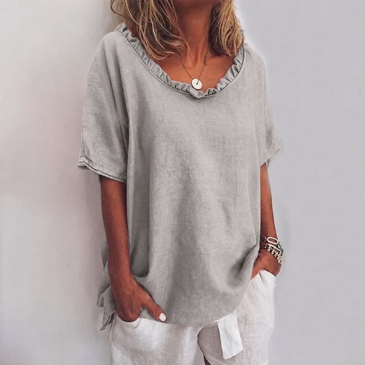 Women's Loose Ruffle-Neck Short Sleeve Linen Blend Casual Blouse - Gray