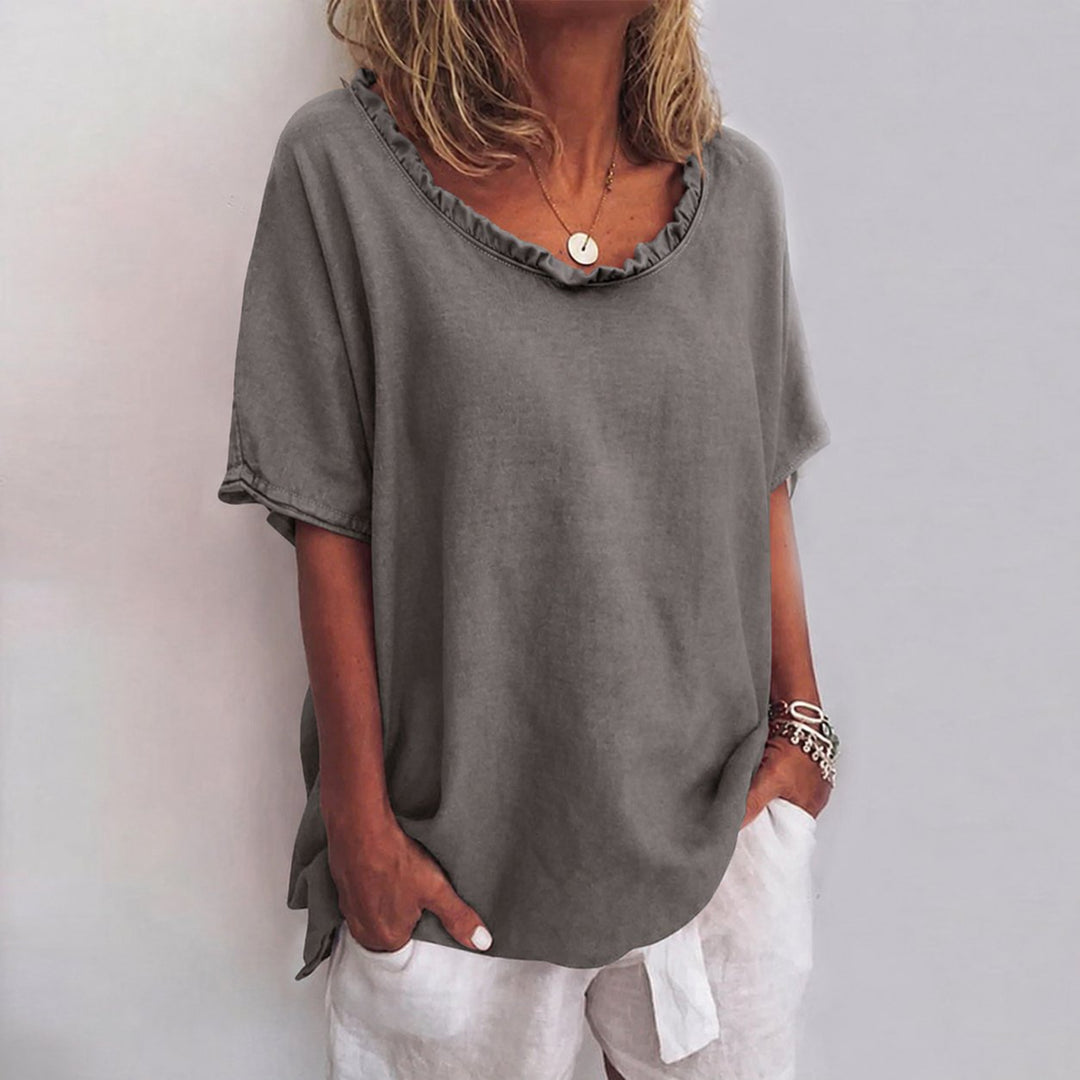 Women's Loose Ruffle-Neck Short Sleeve Linen Blend Casual Blouse - Dark Gray