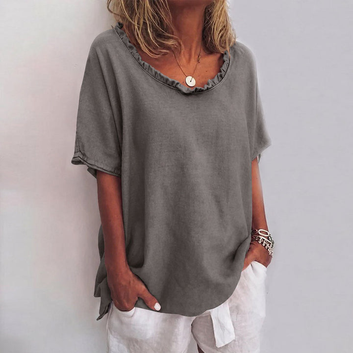 Women's Loose Ruffle-Neck Short Sleeve Linen Blend Casual Blouse - Dark Gray