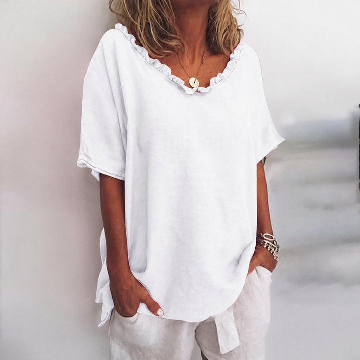 Women's Loose Ruffle-Neck Short Sleeve Linen Blend Casual Blouse - White