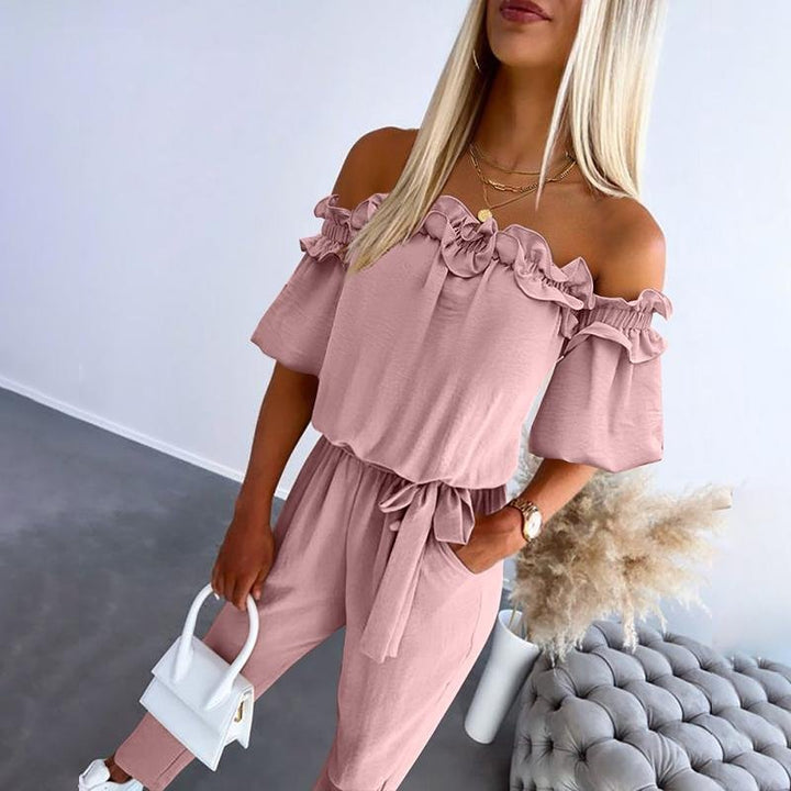 Women's Off-Shoulder Frill Tie-Waist Jumpsuit - Pink
