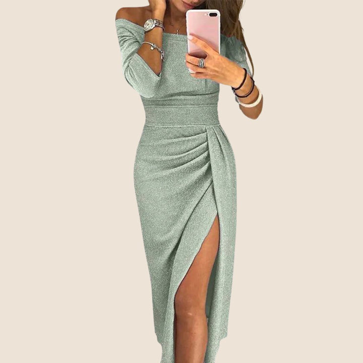 Women's Off-Shoulder Long-Sleeve Ruched Midi Bodycon Dress - Silver Green