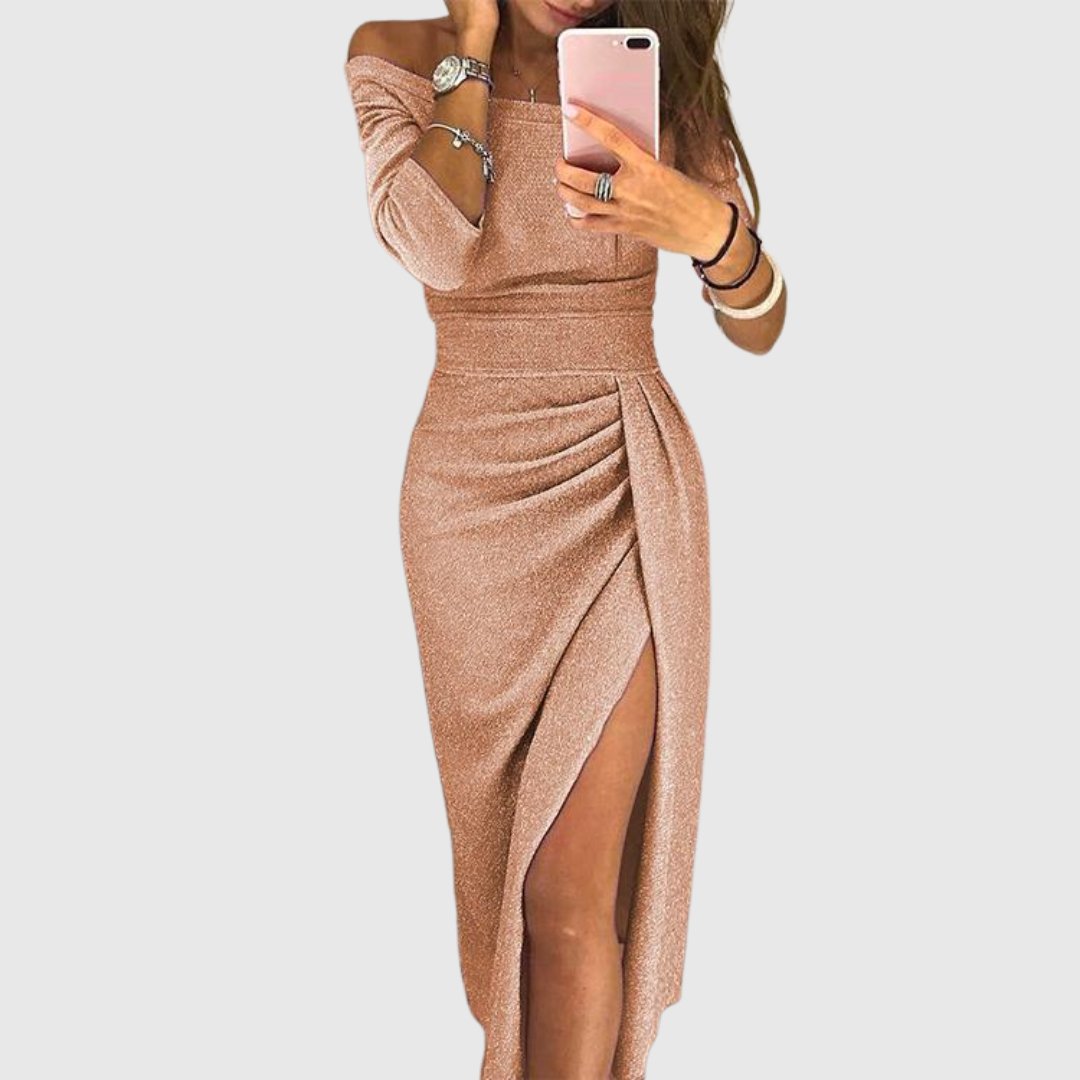 Women's Off-Shoulder Long-Sleeve Ruched Midi Bodycon Dress - Champagne
