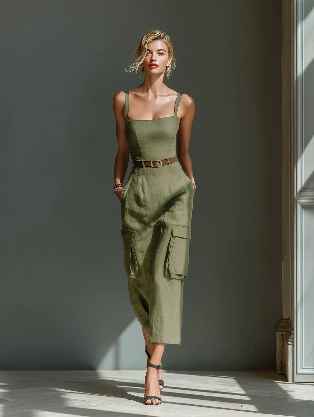 Women's Olive Linen Belted Cargo-Pocket Midi Dress