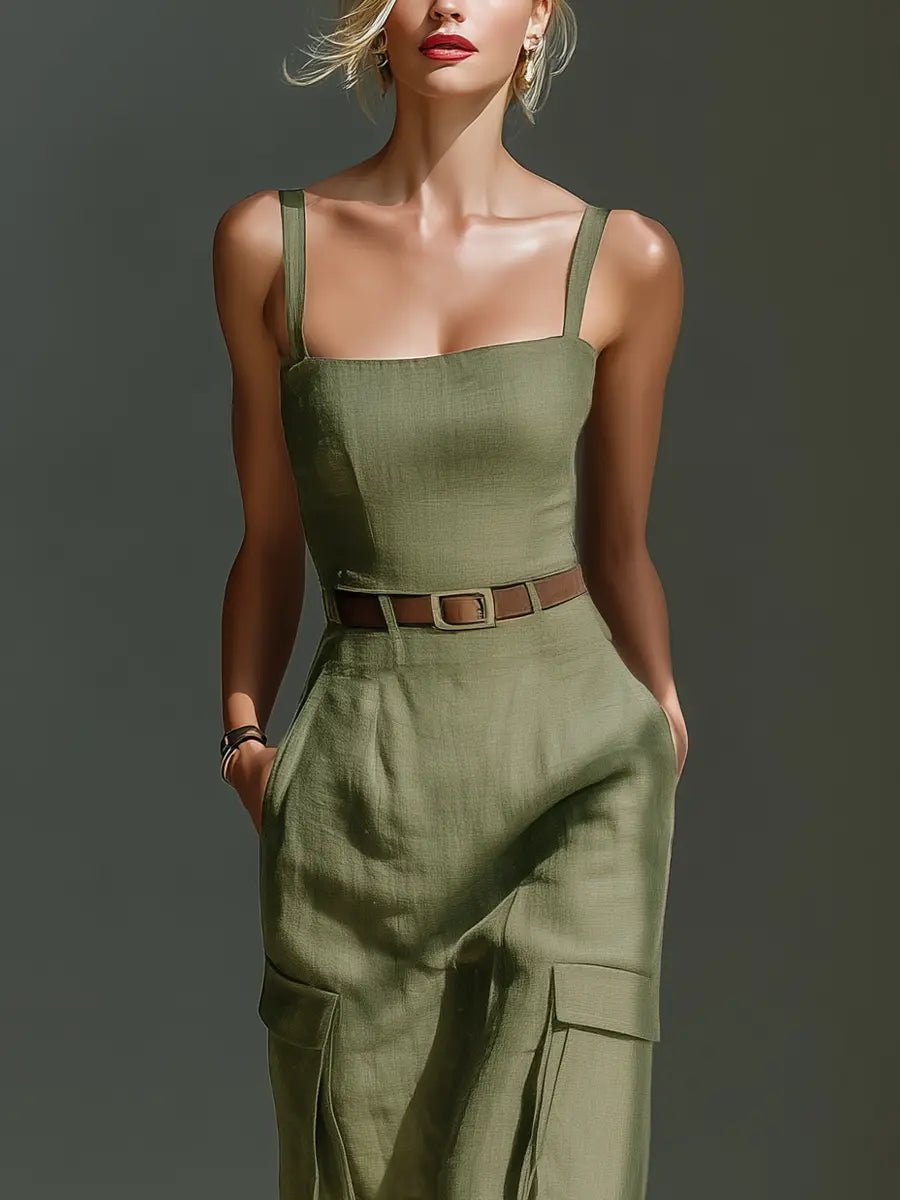 Women's Olive Linen Belted Cargo-Pocket Midi Dress