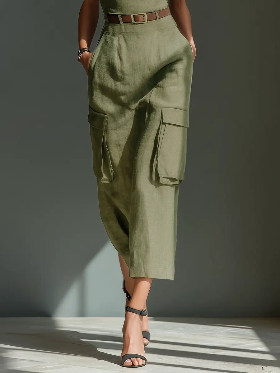 Women's Olive Linen Belted Cargo-Pocket Midi Dress