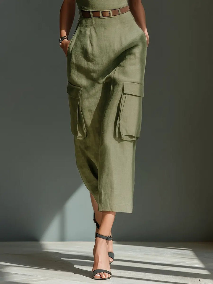 Women's Olive Linen Belted Cargo-Pocket Midi Dress