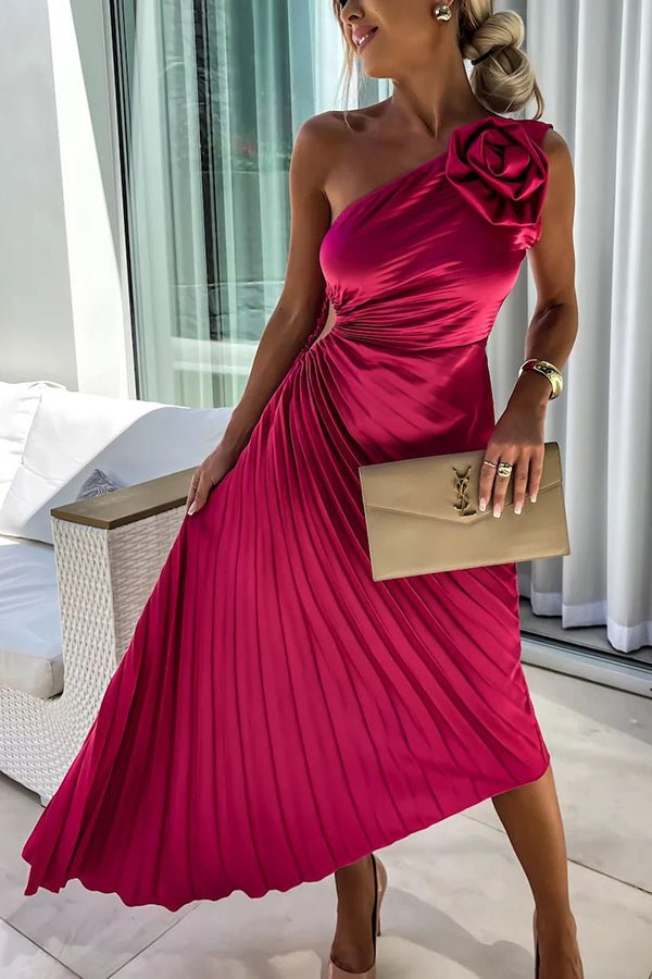 Women's One-Shoulder Pleated Midi Dress Floral Detail - Red