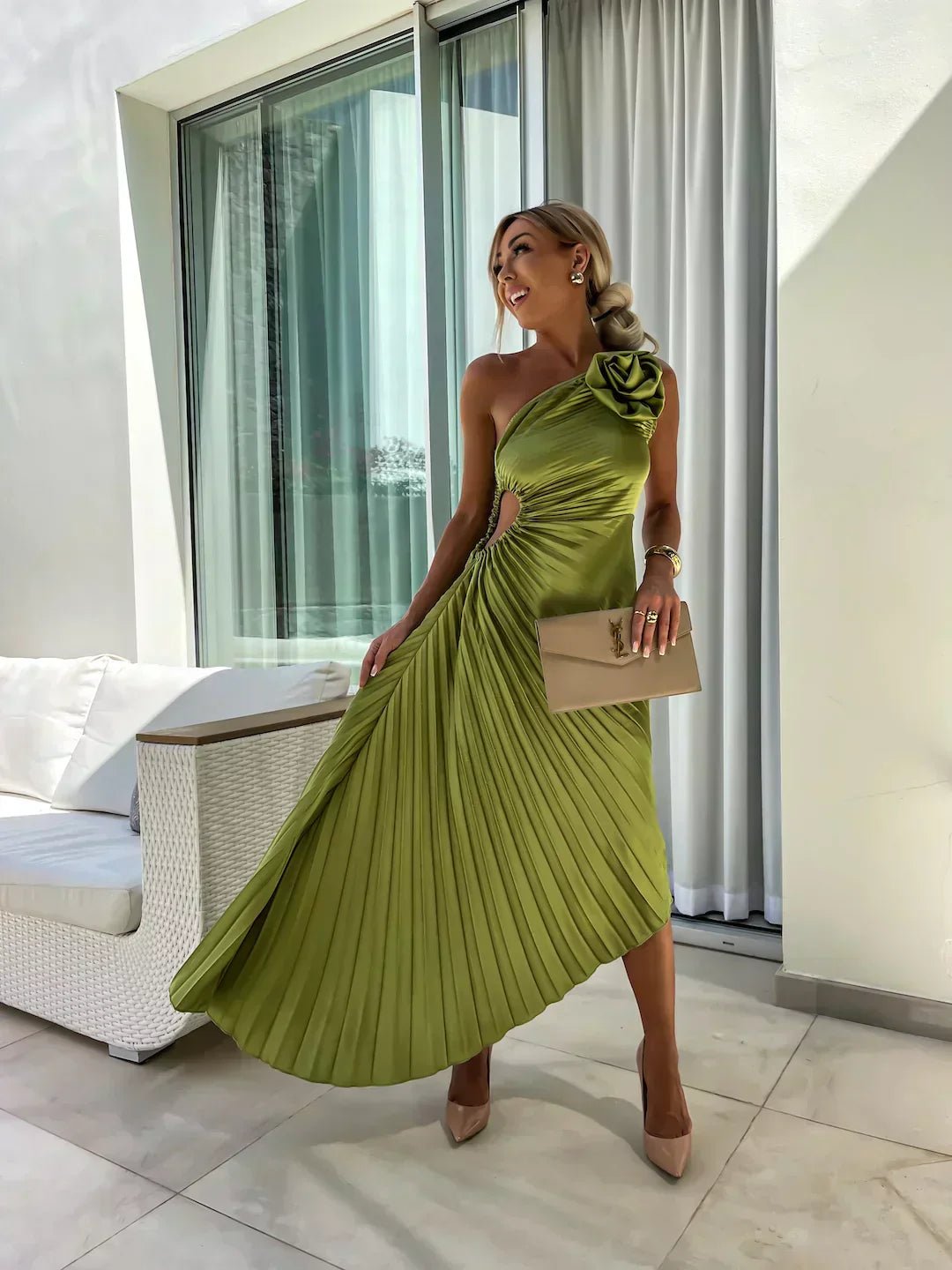 Women's One-Shoulder Pleated Midi Dress Floral Detail