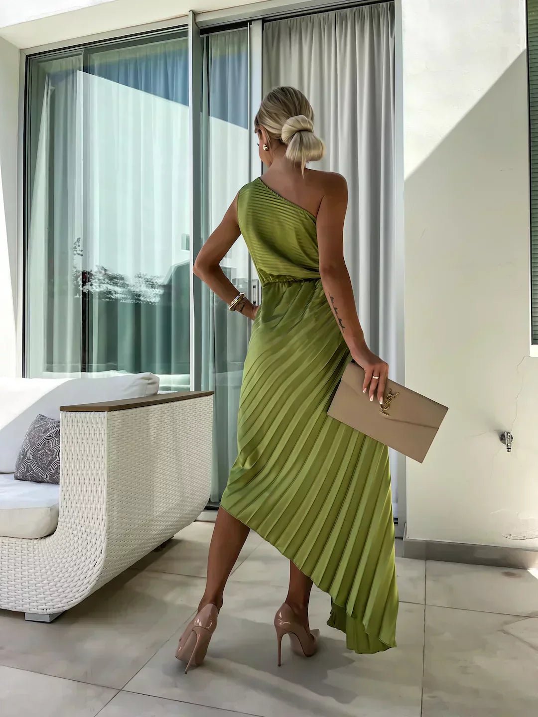 Women's One-Shoulder Pleated Midi Dress Floral Detail