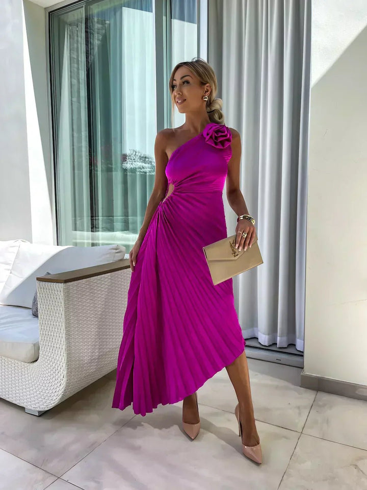 Women's One-Shoulder Pleated Midi Dress Floral Detail - Purple