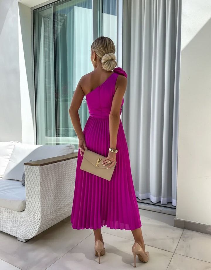 Women's One-Shoulder Pleated Midi Dress Floral Detail