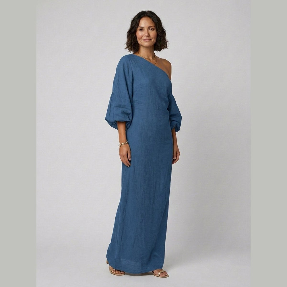 Women's One-Shoulder Puff-Sleeve Cotton-Linen Maxi Dress - Blue