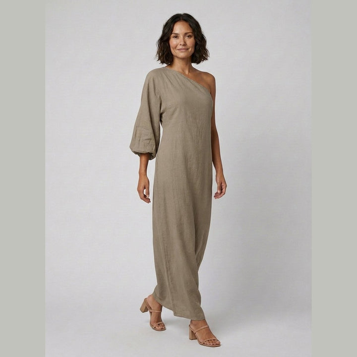 Women's One-Shoulder Puff-Sleeve Cotton-Linen Maxi Dress - Khaki