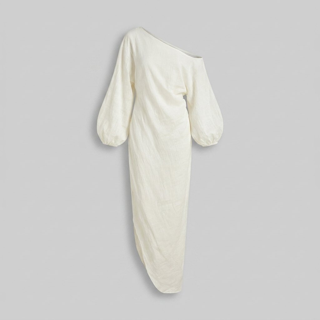 Women's One-Shoulder Puff-Sleeve Cotton-Linen Maxi Dress
