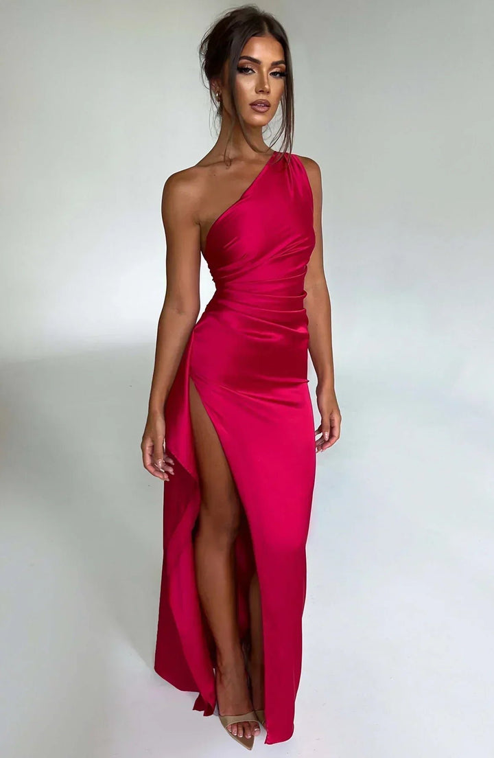 Women's One-Shoulder Satin Maxi Dress High-Slit Evening Gown - Red