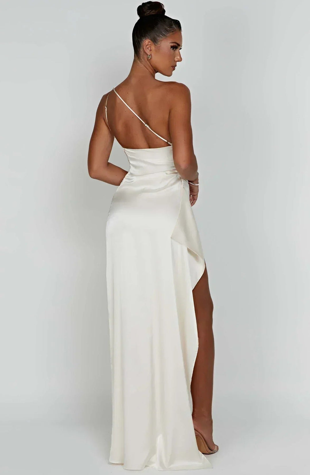 Women's One-Shoulder Satin Maxi Dress High-Slit Evening Gown