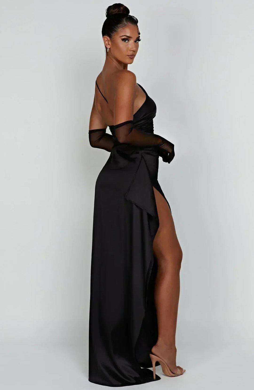Women's One-Shoulder Satin Maxi Dress High-Slit Evening Gown