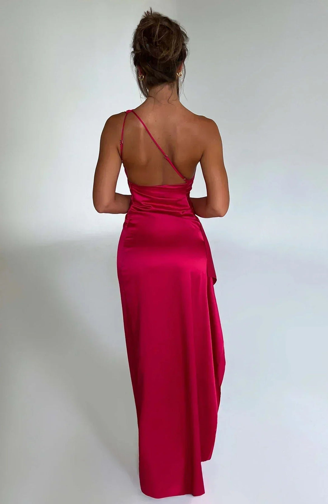 Women's One-Shoulder Satin Maxi Dress High-Slit Evening Gown