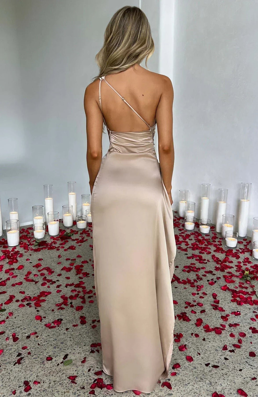 Women's One-Shoulder Satin Maxi Dress High-Slit Evening Gown