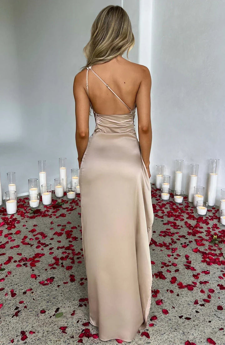 Women's One-Shoulder Satin Maxi Dress High-Slit Evening Gown