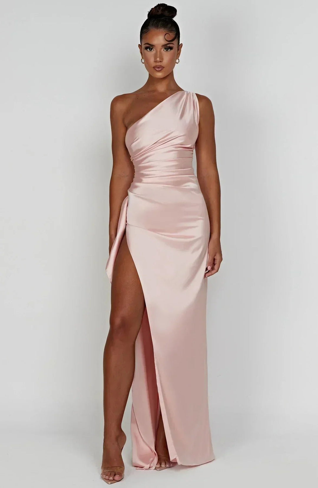 Women's One-Shoulder Satin Maxi Dress High-Slit Evening Gown - Pink