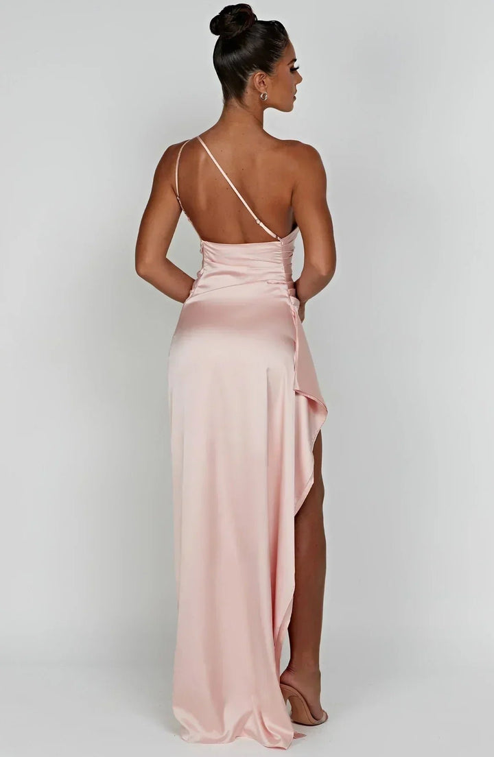 Women's One-Shoulder Satin Maxi Dress High-Slit Evening Gown