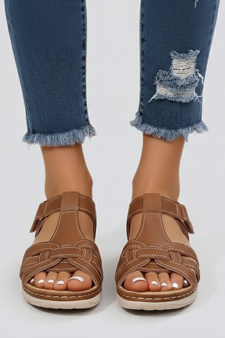 Women's Open Toe Woven Strap Flat Sandals Velcro Ankle - Brown