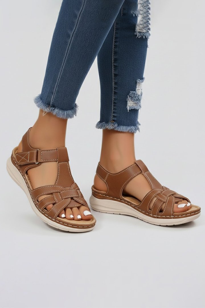 Women's Open Toe Woven Strap Flat Sandals Velcro Ankle