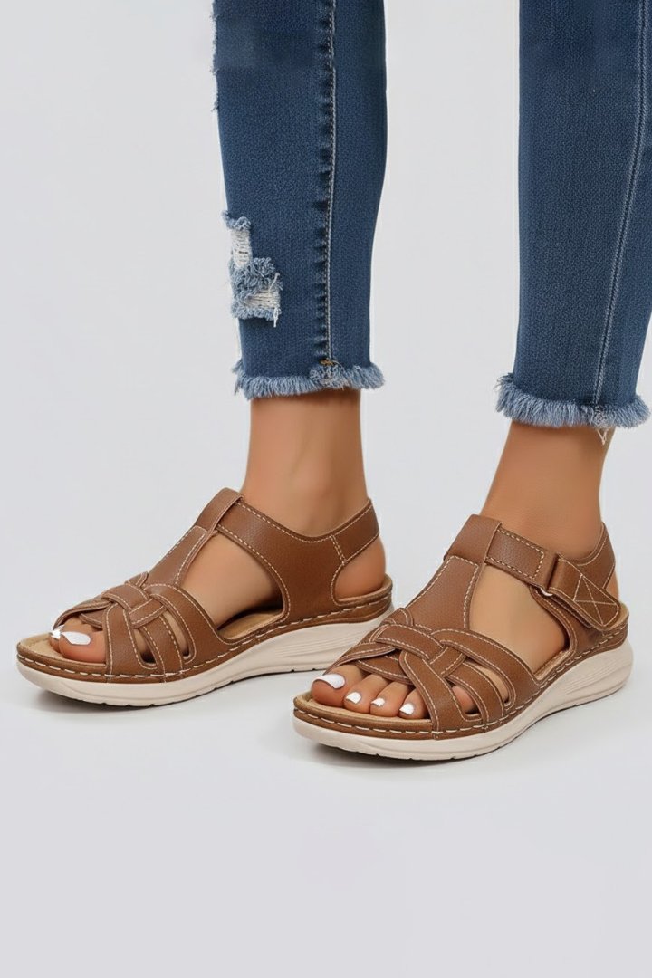 Women's Open Toe Woven Strap Flat Sandals Velcro Ankle