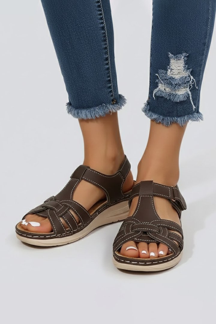 Women's Open Toe Woven Strap Flat Sandals Velcro Ankle - Dark Brown