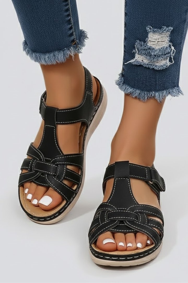Women's Open Toe Woven Strap Flat Sandals Velcro Ankle - Black