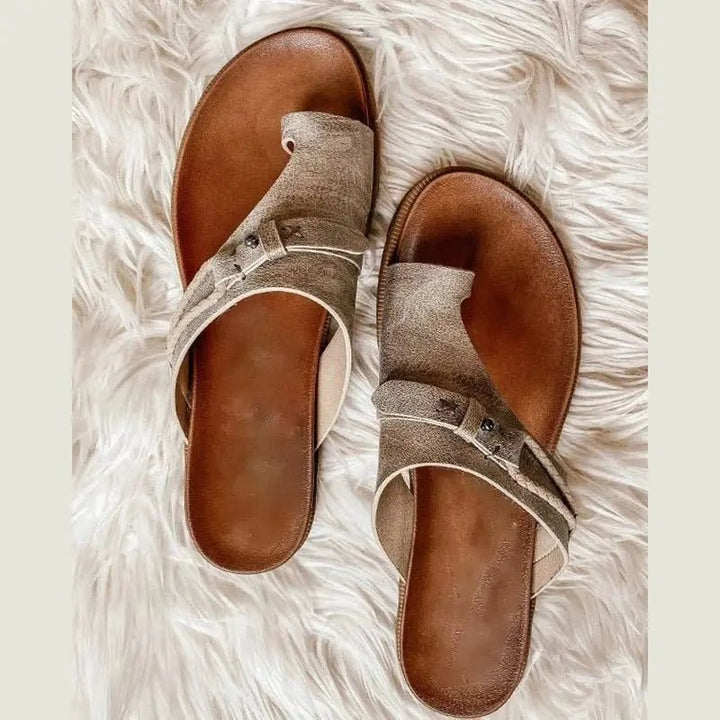 Women's Orthopedic Arch-Support Slip-On Toe-Loop Flat Sandals - Khaki