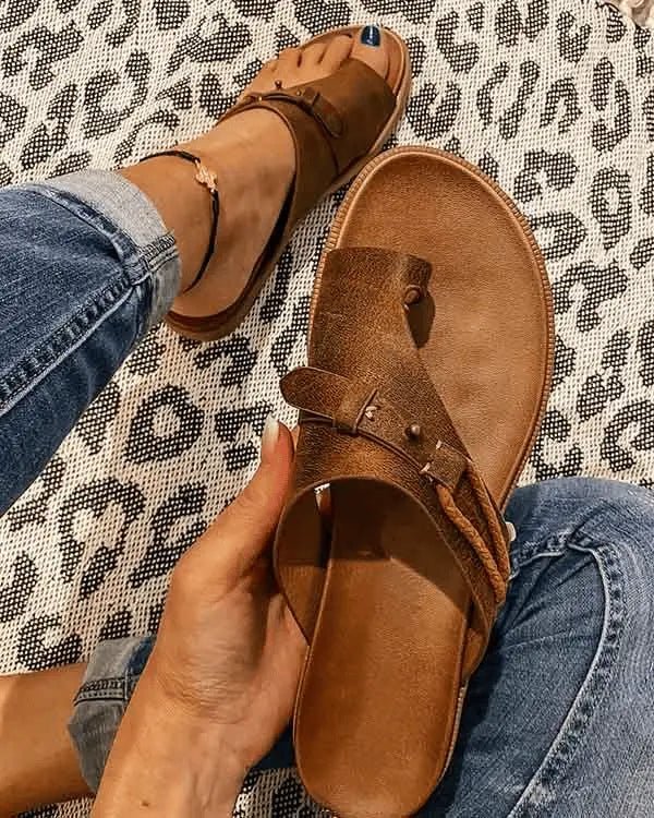 Women's Orthopedic Arch-Support Slip-On Toe-Loop Flat Sandals - Brown
