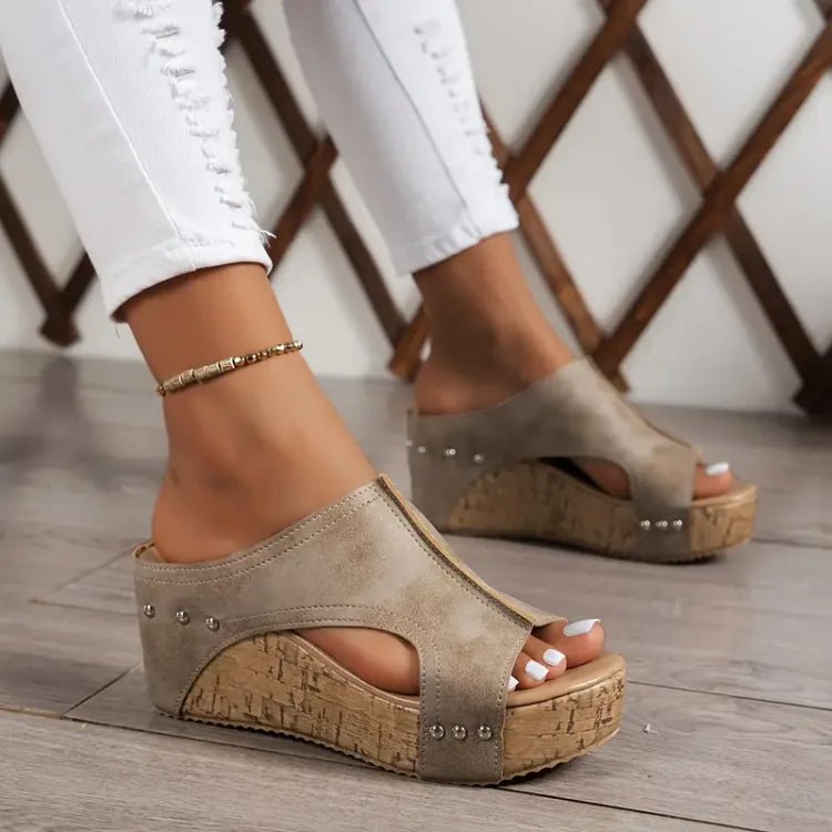 Women's Orthopedic Cork Wedge Open-Toe Slip-On Sandals - Beige