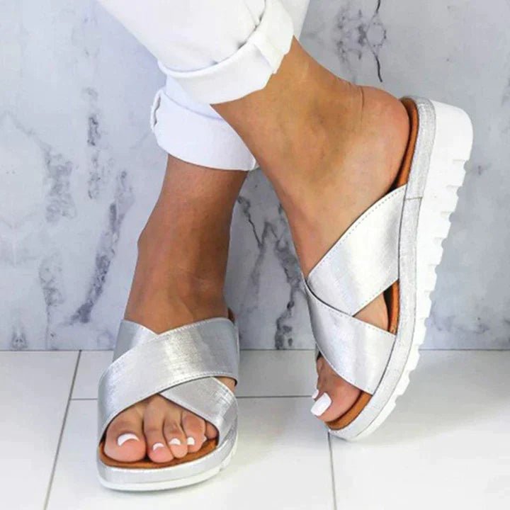 Women's Orthopedic Cross-Strap Slip-On Platform Sandals - Silver