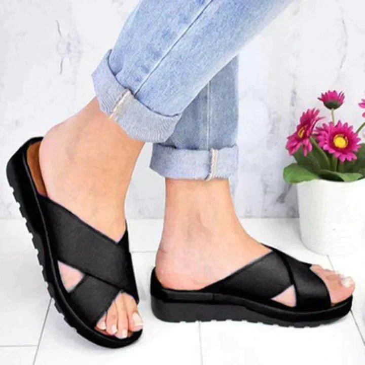 Women's Orthopedic Cross-Strap Slip-On Platform Sandals - Black