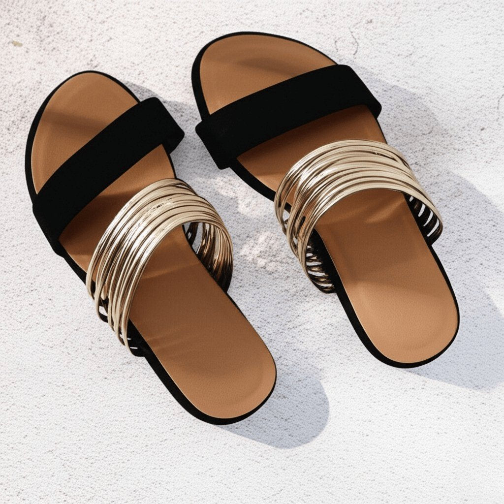 Women's Orthopedic Cushioned Gold-Strap Slip-On Flat Sandals